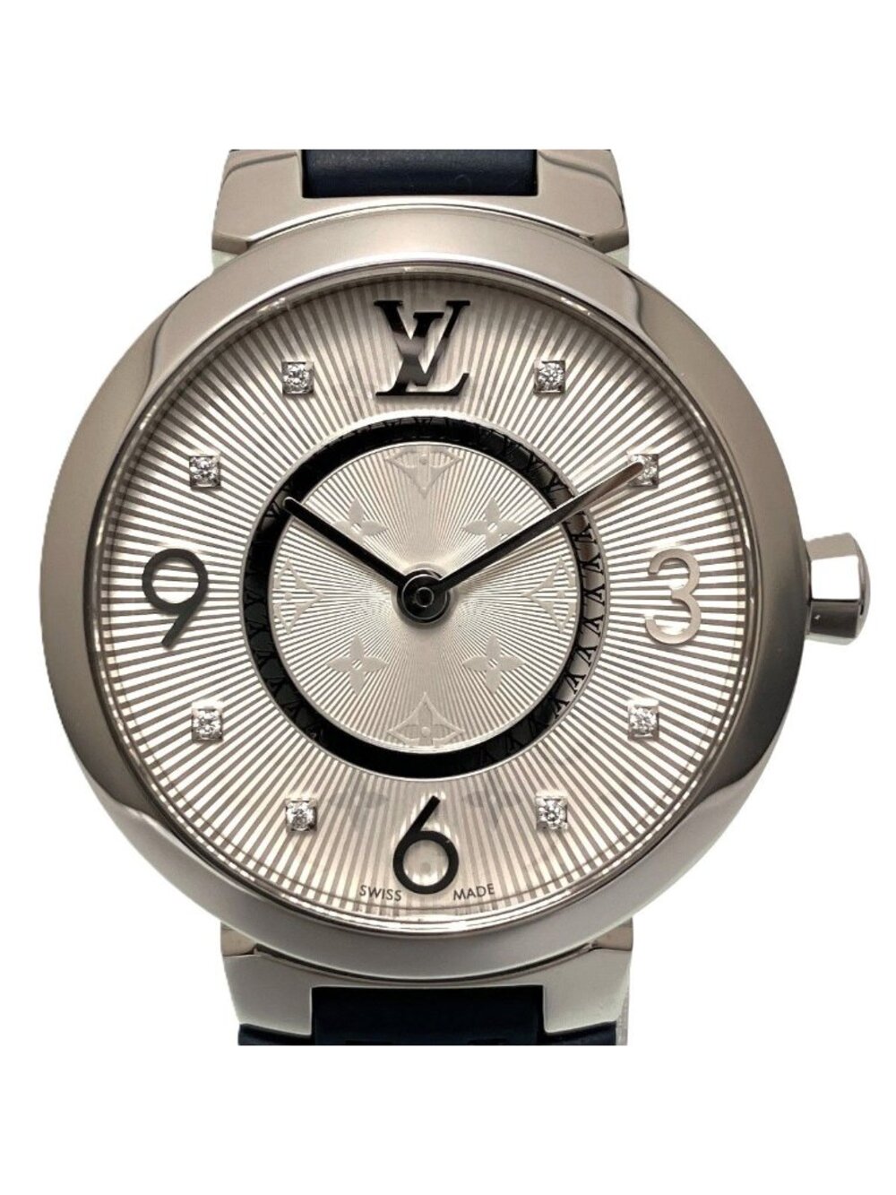 Louis Vuitton Tambour Watch SS Rubber Quartz Silver Dial